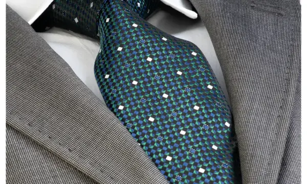 Green and blue square patterned jacquard woven tie