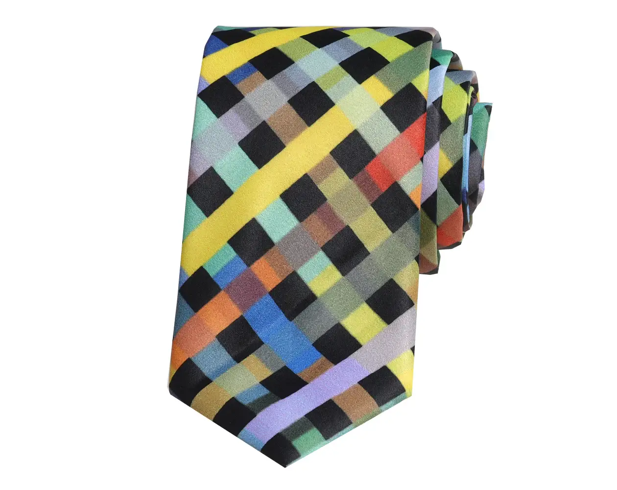 Multi-coloured checked satin tie - Image 2