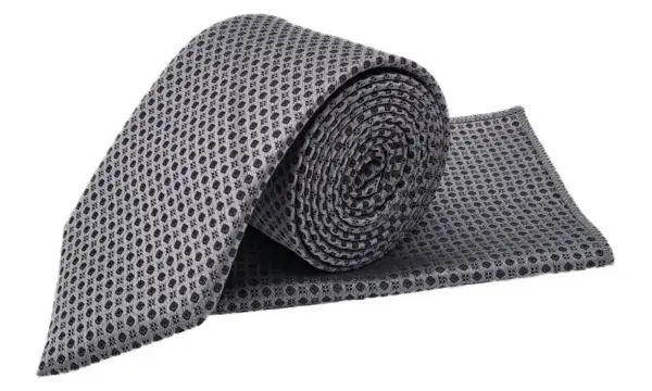 Silver & black patterned tie and pocket square set