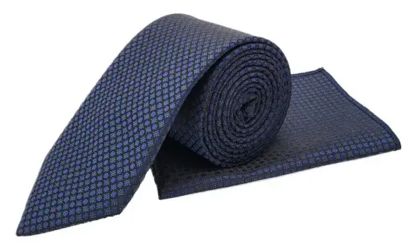 Black & royal blue patterned tie and pocket square set