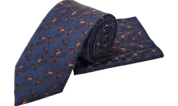 Navy & brown floral tie and pocket square set
