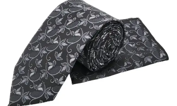 Black & silver floral tie and pocket square set