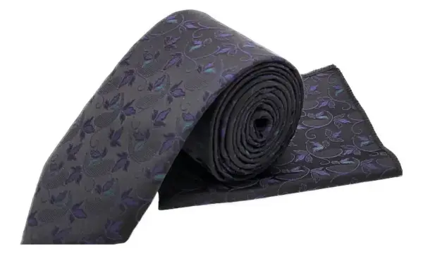 Black & purple floral tie and pocket square set