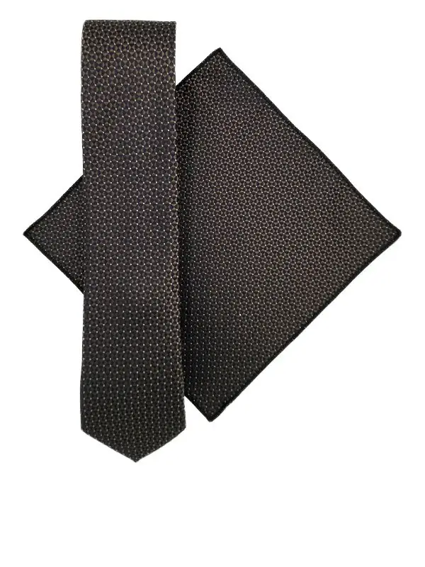 Navy & bronze geometric patterned tie and pocket square set - Image 2