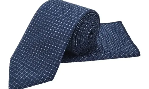Steel blue & light blue geometric patterned tie and pocket square set