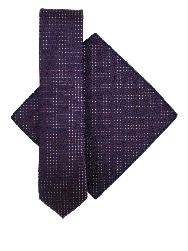 Navy & maroon geometric patterned tie and pocket square set - Image 2