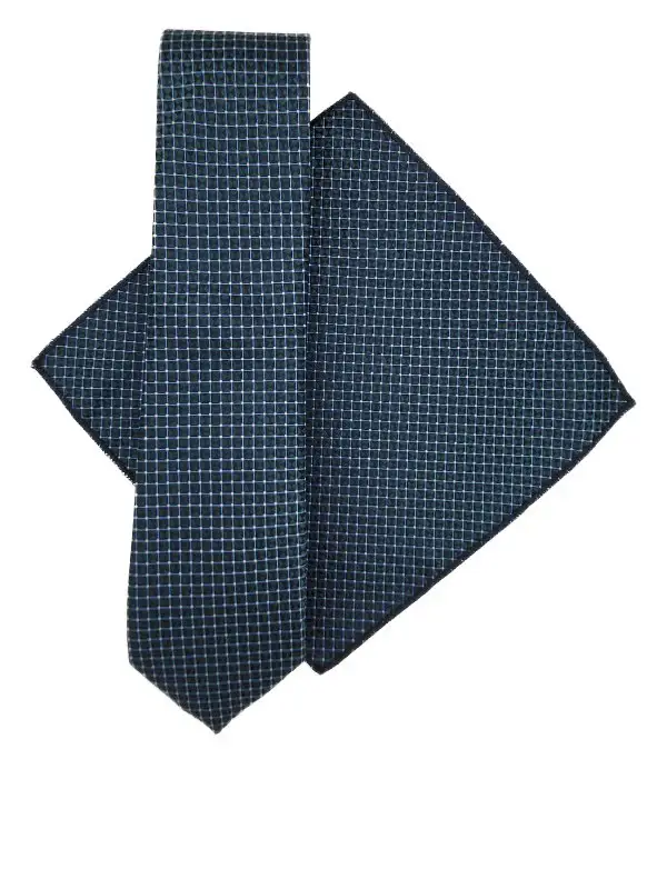 Teal & blue geometric patterned tie & pocket square set - Image 2