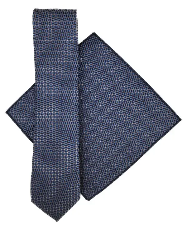Ice blue & bronze geometric patterned tie & pocket square set - Image 2