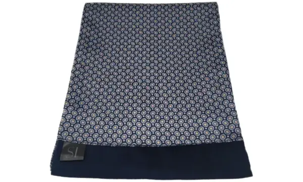 Blue and gold geometric patterned double sided neck scarf